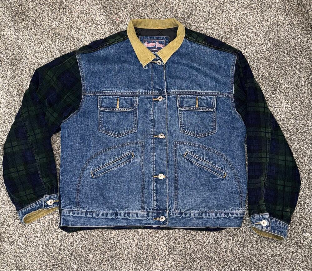 Vintage Breaker Jeans Women’s Large Denim Plaid Jacket Corduroy Collar 80s 90s
